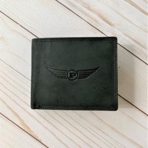 Luxury Black Aviator Wallet front with propeller logo
